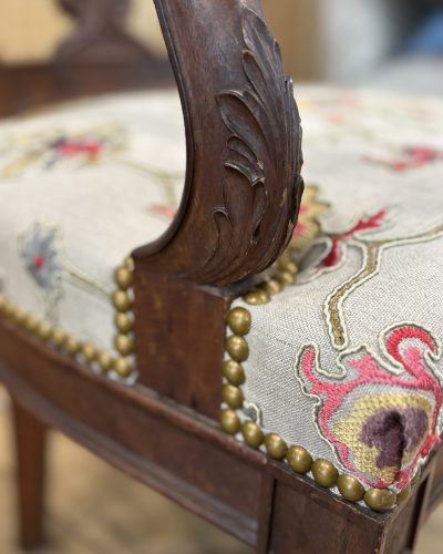 reupholstered chair floral pattern embroidered fabric